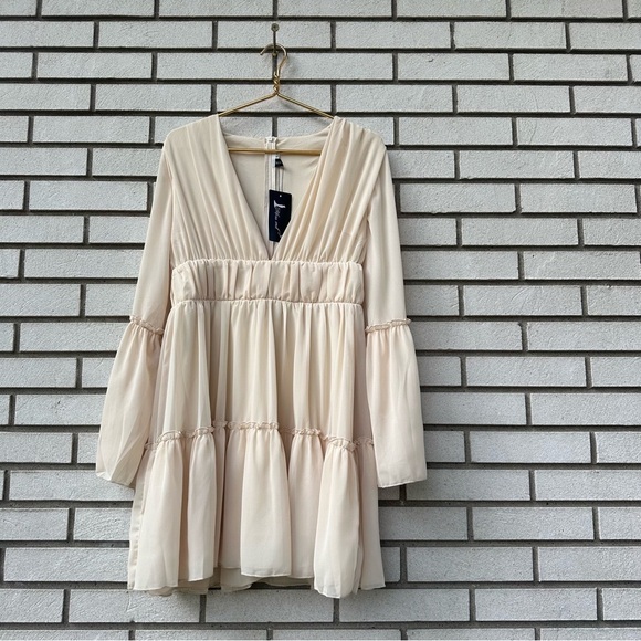 NWT Missord Cream Chiffon Ruffle Mini Dress XL Plunge V Neck Long Bell Sleeve - Picture 3 of 16